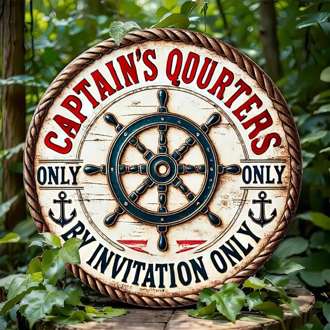 Vintage Captain's Quarters Nautical Aluminum Sign, Invitation-Only Maritime Decorative Wall Plaque for Room, Cafe, Garage, Farmhouse - Circular Foil Engraved Metal Decor
