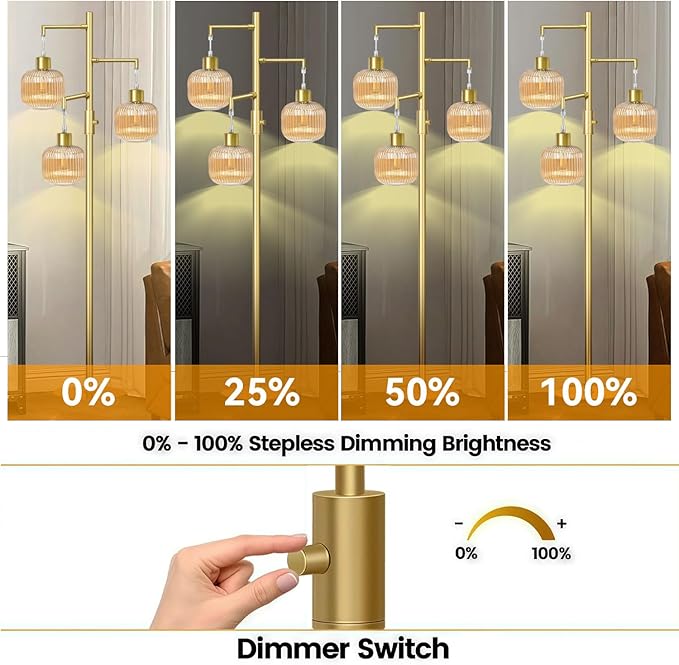 Floor Lamp with Amber Glass Shade, Dimmable Standing Lamp for Living Room, Modern Mid Century 3 Lights Tall Tree Lamp, Rotary Switch, 3 x 6W LED Bulbs Included