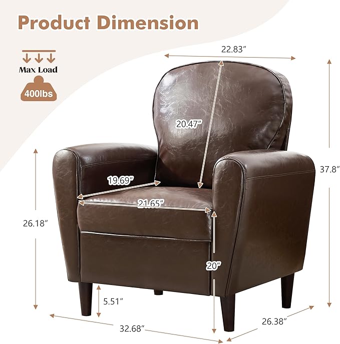 Mid Century Accent Chair Set of 2, Modern Faux Leather Arm Chair, Comfy Upholstered Reading Chair Single Sofa Chairs for Living Room, Bedroom, Club, Coffee