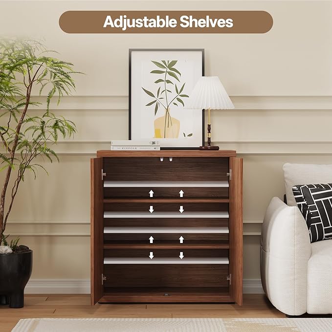 31” Sideboard Cabinet with Storage, Fluted Accent Cabinet with Adjustable Shelves, Modern Wood Credenza Cabinets with Pop-up Doors for Entryway Kitchen Living Room Hallway, Walnut 2pcs