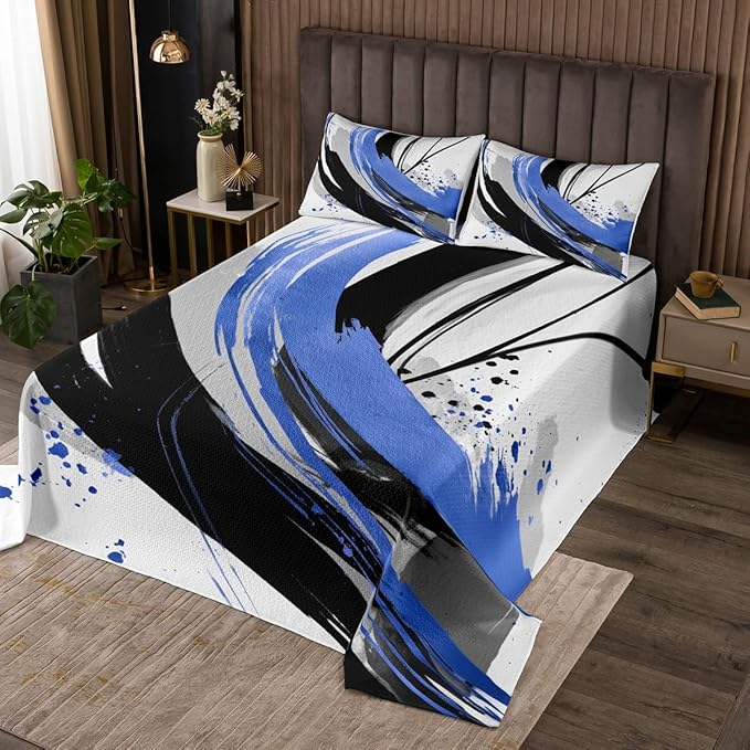 Erosebridal Black and Blue Kids Coverlet Set | Modern Geometric Striped Quilt Set for Boys Girls Contemporary Watercolor Graffiti Bedspread Sets Boho Minimalist Aesthetic Art Quilts King 3 Pieces