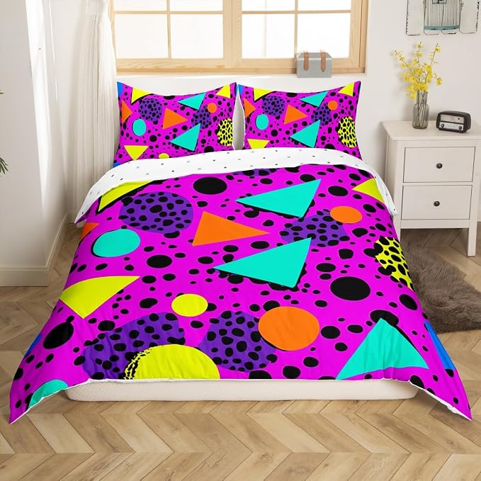 80S 90S Bedding Set Queen Size,Geometric Pattern in Retro Style Duvet Cover Eighties Memphis Comforter Cover Geometric Abstract Colorful Design With Dots Funky Quilt Cover Fashion 1980S Home Decor