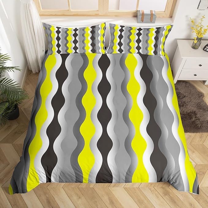 Feelyou Geometric Duvet Cover Yellow Grey Black Comforter Cover Mid Century Retro Bedding Set for Kids Adults Abstract Modern Decor Bedspread Cover King Size Bedclothes Zipper (No Comforter)