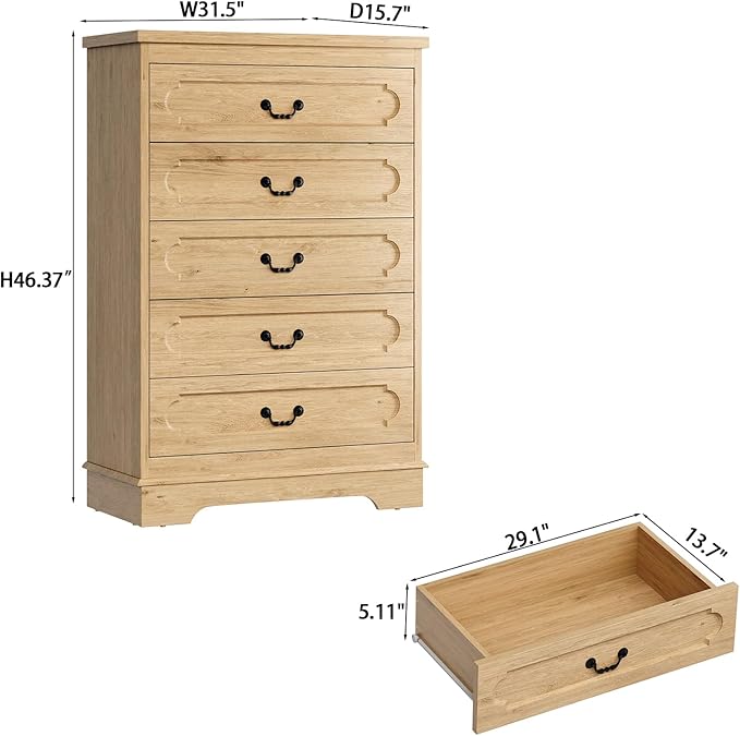 LIDYUK 5 Drawer Dresser for Bedroom Farmhouse Natural Wood Chest of Drawers for Bedroom Dresser, Rustic 46" Tall Wide Drawers Dressers Wooden Closet Storage Cabinet, Hallway, Living Room