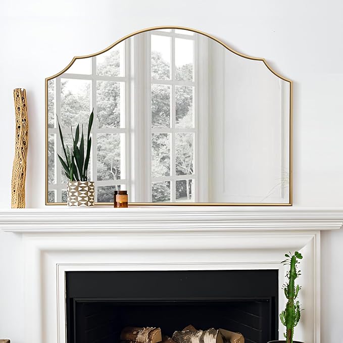 Besdomus Gold Scalloped Wall Mirror: 40"x29" Large Modern Minimalist Bathroom Mirror - Decorative Vanity Arched for Dresser/Entryway/Fireplace/Mantle/Living Room - Home Decor for Housewife