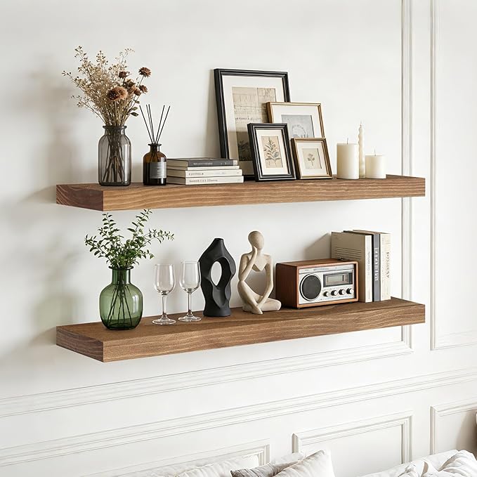 Floating Wall Shelf 36x6.8x1.7 Inch – Solid Wood Shelf in Dark Oak Finish – Heavy Duty Wall Mounted Rustic Display Shelf for Living Room, Kitchen, Bedroom, Hallway – Set of 2