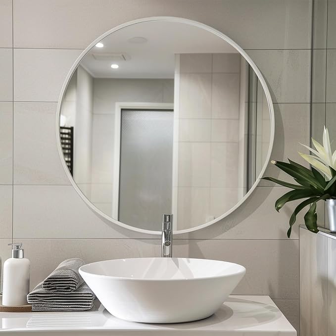 Sunniry White Round Mirror 22 inch, Bathroom Mirror Matte Metal Frame, Circle Mirrors for Living Room, Bathroom, Wall, Hallway.