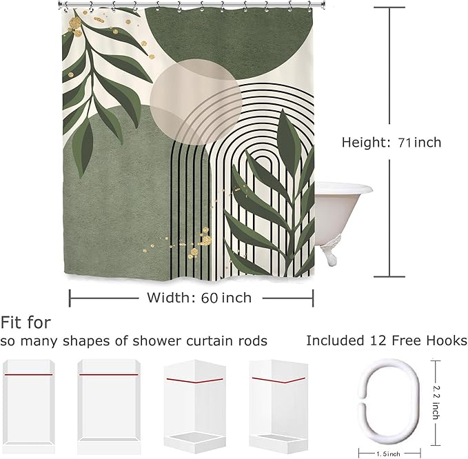 Yookeb Abstract Sage Green Bathroom Shower Curtain 60W by 71H Inch Modern Minimalist Mid Century Plant Leaves Aesthetic Neutral Geometric Contemporary 12 Plastic Hooks Waterproof Decor