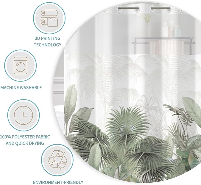 No Hook Shower Curtain with Snap in Liner Green Leaves Tropical Shower Curtains for Bathroom Sets Gradient Textured Bath Curtains with Mesh Top Window Fabric Waterproof Washable 71x74 Inch