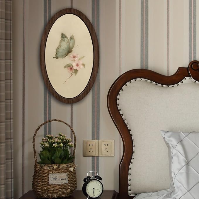 UYIKG Vintage Butterfly Cherry Blossom Oval Wall Art Decor,Farmhouse Country Butterfly Oval Hanging Decor,Rustic Farmhouse Cottagecore Wooden Framed Decorations for Home Bedroom Living Room 9x14.6 in