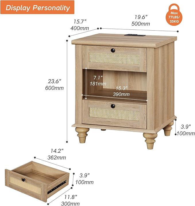 WAMPAT Rattan End Table with Charging Station for Living, Small Sofa Side Table with 2 Drawers & Open Shelf, Farmhouse Wooden Night Stand Retro Bedside Table for Living Room, Light Oak