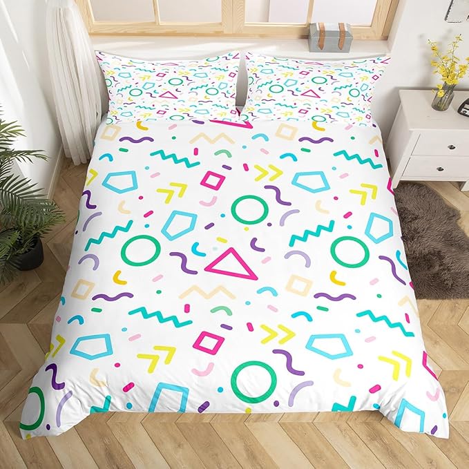 Memphis Duvet Cover Set Queen Size, Colorful Geometric Vintage Bedding Set for Kids Boy Girls, Retro 80s or 90s Fashion Style Comforter Cover Soft Polyester Quilt Cover with 2 Pillowcases,No Comforter