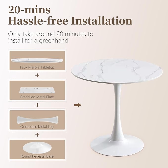 24 Inch Round Dining Table,Mid-Century Tulip Table with Metal Pedestal Base,Modern Leisure Table for Small Space Kitchen Dining Room,Easy Assembly,Marble Finish