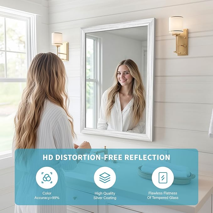 White Wood Effect Framed Wall Mirror, 24x32 Rectangle Mirror, Anti-desilvering Tempered Glass, Sustainable& Sturdy Frame, Anti-Rust, HD Reflection &3min Fast Setup for Bathroom Living Room