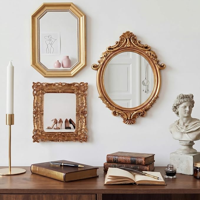 Wonderjune 3 Pcs Vintage Gold Mirror Set Wall Decorative, 8-15in Vintage Wall Mirror Hanging Antique Hanging with Stand for Living Room Home Wedding Decor(Court Baroque Style, 15in/11in/10in)