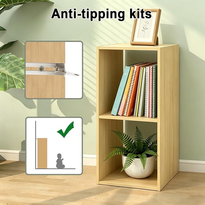 2 Cube Shelf with Anti-Tipping Kits + Reversible Open Back Bookcase, Multi Layer and Multi Grid Partition Layout (Oak 11in)