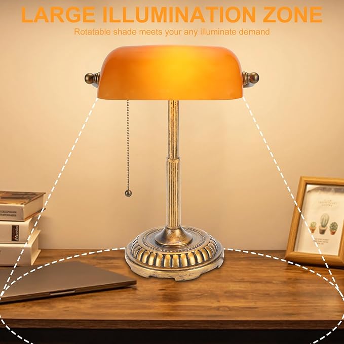 NISSAFORS Bankers Lamp, Amber Desk Lamp with Pull Switch, Vintage Table Lamps for Home Office, Library, Piano (Amber)