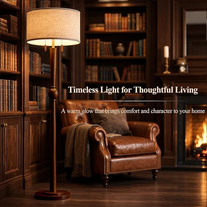 MOFFE 62.8" Solid Wood Floor Lamp,Tall Standing Floor Lamp with 2-Light Pull Chain, 17" Linen Drum Shade, Sculptural Wood Base & Stem,Transitional Floor Lamp for Living Room Bedroom, Includes 2 Bulbs