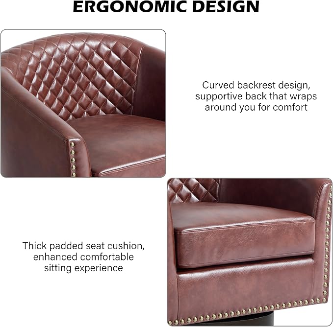 Swivel Barrel Accent Chair, Comfy Modern Upholstered Round Faux Leather Arm Chair for Living Room, Bedroom（Red Brown, Set of 4