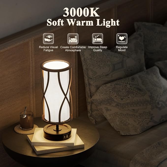 N10-2 Farmhouse Table Lamp Dimmable Touch Control Plug in Lamps Linen Rustic Desk Lamp IImitation Wood Metal Base Vintage Nightstand Table Lamp with USB Port for Bedroom Bedside (Bulb Included)