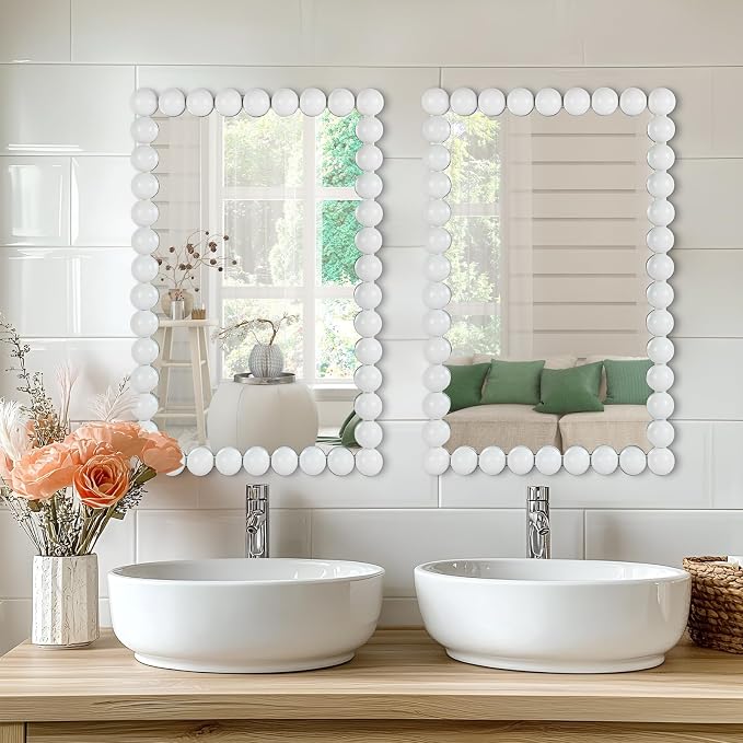 Decorative Beaded Wall Mirror – Modern Rectangular Accent Mirror, 20″x30″, for Living Room, Bedroom, Bathroom, Entryway & Office – Available in Gold, Black, & White (White)