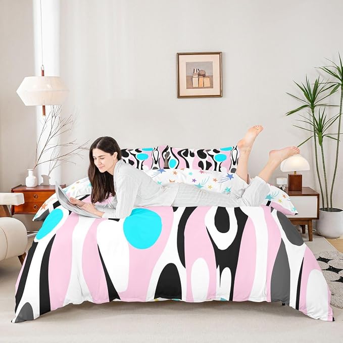 Erosebridal Mid Century Modern Abstract Duvet Cover Set Vintage Geometric Queen Bedding Set for Children Boys Contemporary Organic Shapes Comforter Cover Squiggle Blob Bed Sets,Light Pink Cyan