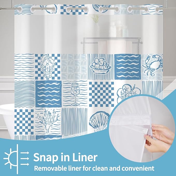 No Hook Shower Curtain Summer Blue Double-Layered Shower Curtains with Snap in Fabric Liner Tropical Fruits and Marine Life Curtains for Bathroom Waterproof Polyester Cloth 71x74 Inch