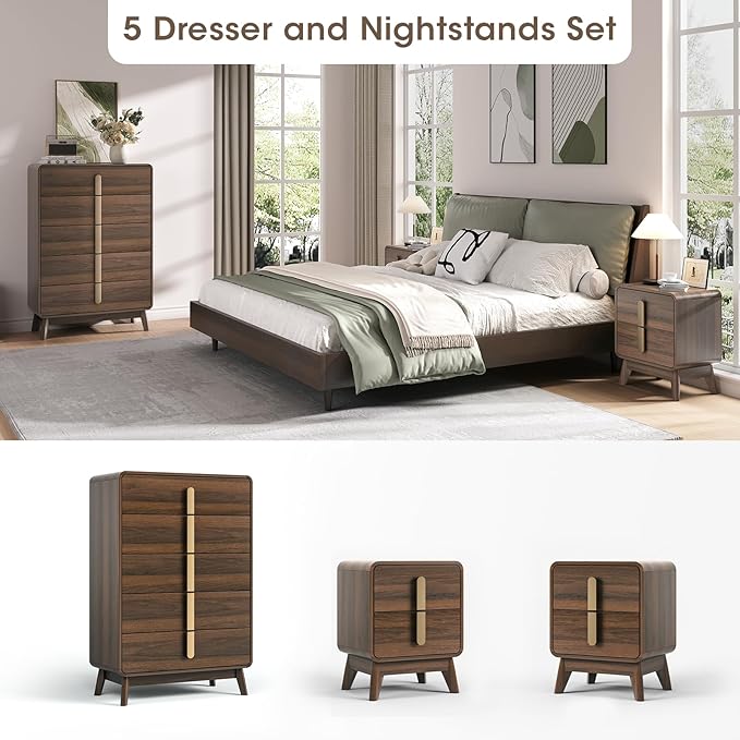 Mid Century Modern Bedroom Sets, 5 Drawer Dresser and Nightstand Sets for Bedroom, Night Stand Set 2 & 5 Drawer Dresser with Gold Handles, Wood Chest of Drawers Storage Cabinet Set, Walnut