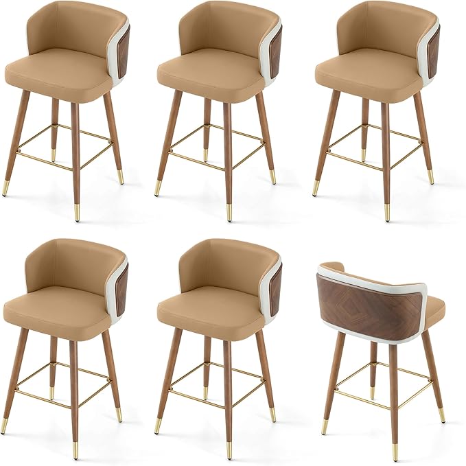 ARTPLAN Mid Century Modern Bar Stools Set of 6 for Counter Height - Leather Upholstered Seat with Walnut Wood Frame, Retro 34 Inch Bar Chairs for Home Kitchen Island, Bar, Breakfast Nook,Lingt Coffee