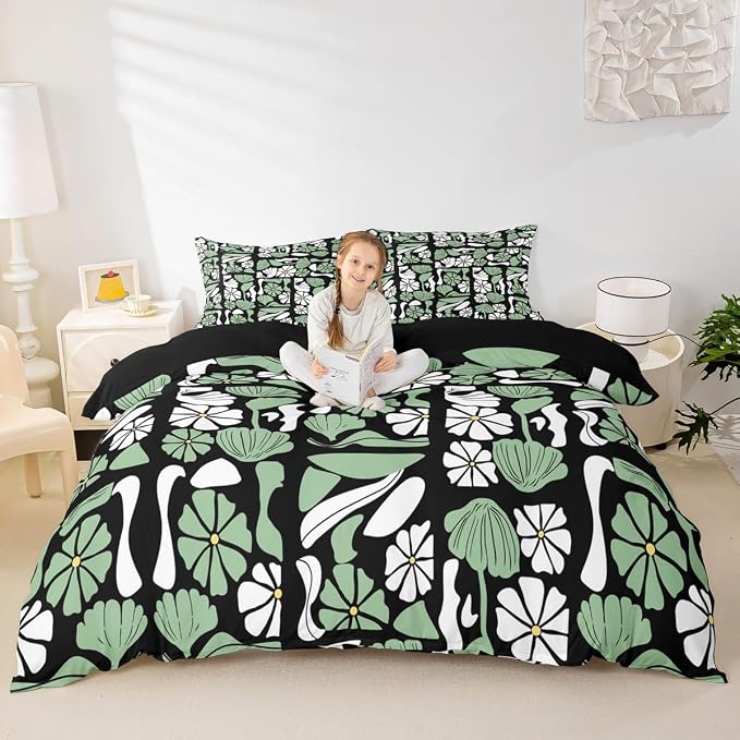 Erosebridal Boho Plants Floral Comforter Cover Queen Retro Abstract Mid Century Geometric Bedding Set Vintage White Green Flower Patchwork Duvet Cover for Kids Adults,Modern Simple Bed Set