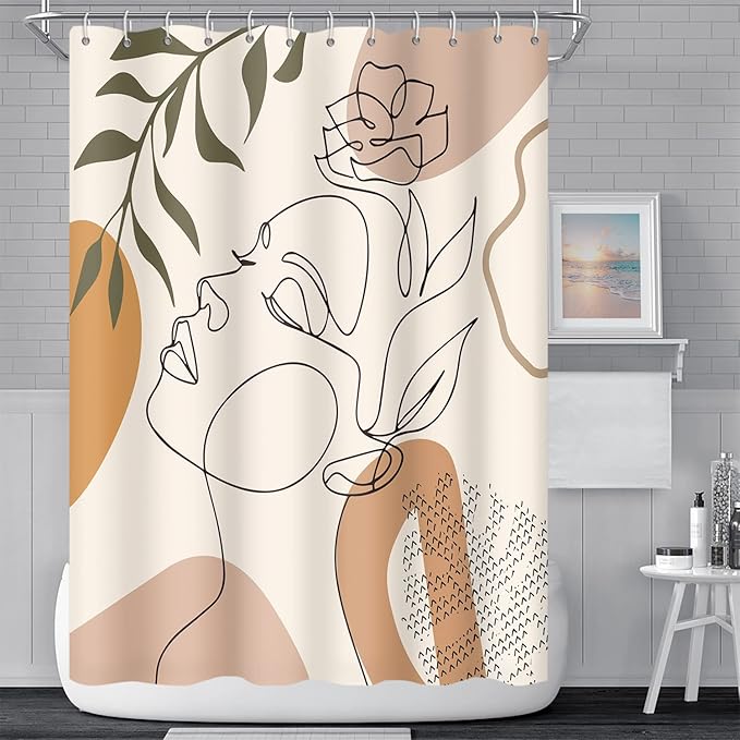 Abstract Woman Face Bathroom Shower Curtain - Mid Century Boho Modern Geometric With Hooks, Polyester Waterproof Fabric, Minimalist Art Line Aesthetic, 72x84 Inch