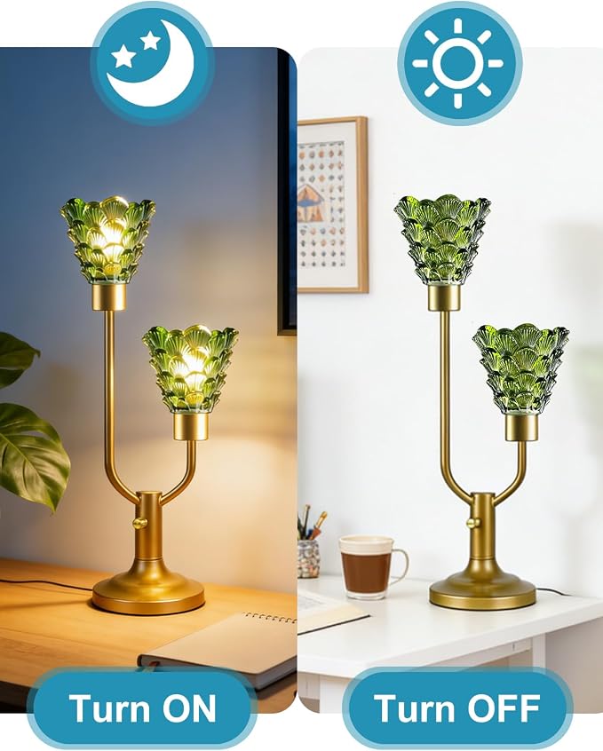 Lightdot Vintage Green Glass Table Lamp for Living Room Dimmable Mid Century Modern Desk Lamp Gold Nightstand Lamp 2 Bulbs Included Warmwhite Ambient Bedside Lamps for Bedroom Home Office Decor Gift