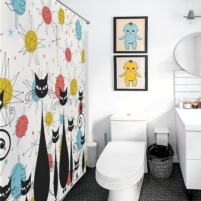 Mid Century Modern Shower Curtain,Retro 60s Abstract Atomic Cat Diamonds Geometric Bathroom Curtain Polyester Waterproof Fabric Decor 66x72in（168x183cm）