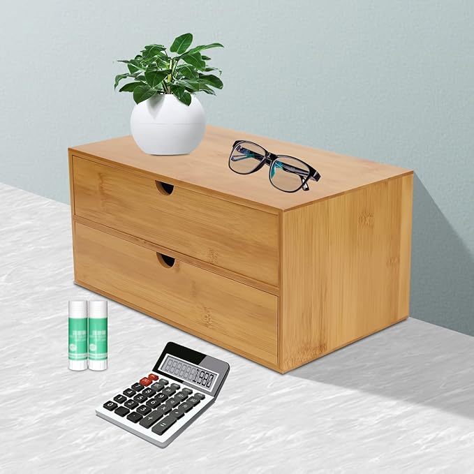 Bamboo Desk Organizer Small Retro Bamboo Tabletop Storage Box with Drawers& Recess Handles for Office Home Supplies Table Storage Collector 13 * 7.5 * 6in (2 Drawers)