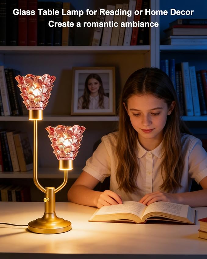 Lightdot Mid Century Modern Table Lamp for Living Room Dimmable Vintage Gold Desk Lamp Red Glass Nightstand Lamp 2 Bulbs Included Warmwhite Ambient Bedside Lamps for Bedroom Home Office Decor Gift
