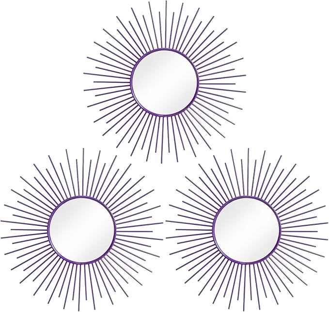 3 Pack Metal Mirrors for Wall Sunburst Wall Mirrors Home Décor Decorative Hanging Wall Art for Living Room Bedroom Entryway (Purple, Sunburst)