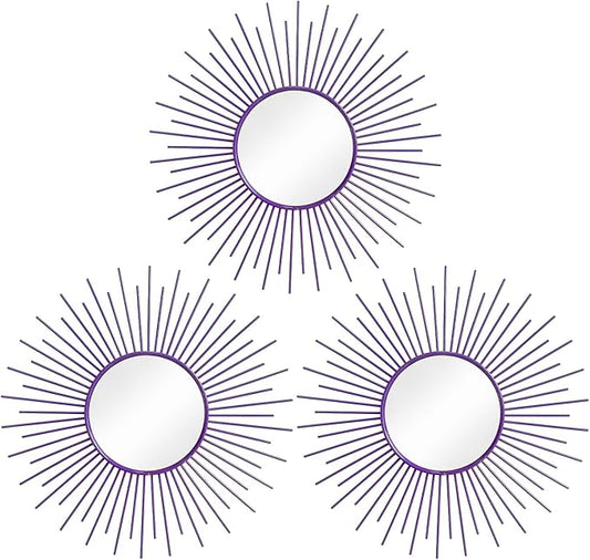 3 Pack Metal Mirrors for Wall Sunburst Wall Mirrors Home Décor Decorative Hanging Wall Art for Living Room Bedroom Entryway (Purple, Sunburst)