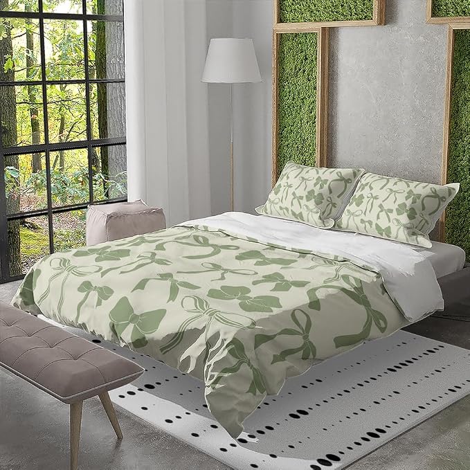 Sage Green Trendy Bow Duvet Cover Queen Size Preppy Bedding Set Bowknot Bed Cover,Dreamy Princess Style Kids Girls Super Soft Bedding Set for Teens Funky Coquette Girly Room Decor 88"x88"