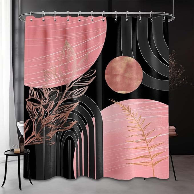 Black and Pink Shower Curtain Boho Mid Century Dark Pink and Gray Shower Curtains for Bathroom Decor, Waterproof Cloth Fabric with Hooks, 70" W x 72" L