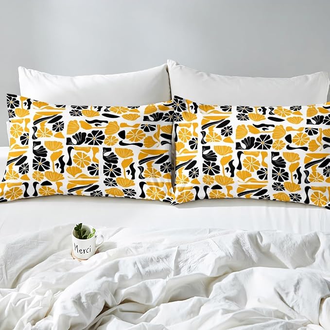 Erosebridal Boho Abstract Yellow Floral Bedding Set King Mid Century Plants Duvet Cover Modern Abstract Geometric Patchwork Comforter Cover for Kids Adults,Vintage Aesthetic Botanical Flowers Bed Set