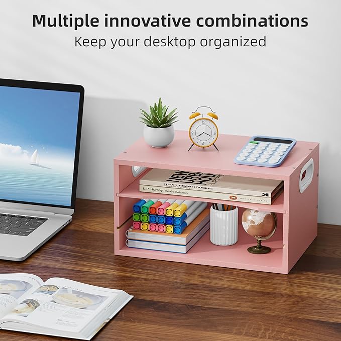 Marbrasse 3-Tier Wood Desk Organizer, Paper Letter Tray Organizer for Desk, Wooden Desktop File Organizer with Handle and Paper Sorter Mail Holder for Office School & Home Supplies Organization-Pink