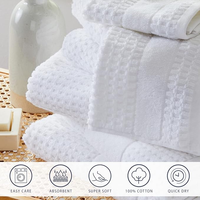 Market & Place 100% Cotton Super Soft Luxury Hand Towel Set | Quick-Dry and Highly Absorbent | Waffle Textured | 550 GSM | Includes 6 Hand Towels | Harper Collection (White)