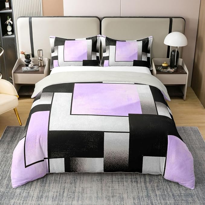 Erosebridal Purple Grey Black 100% Cotton Duvet Cover Twin Watercolor Geometric Bedding Set for Kids Teens Adults Patchwork Geometric Square Comforter Cover Minimalist Modern Art Bed Set 2 Pcs