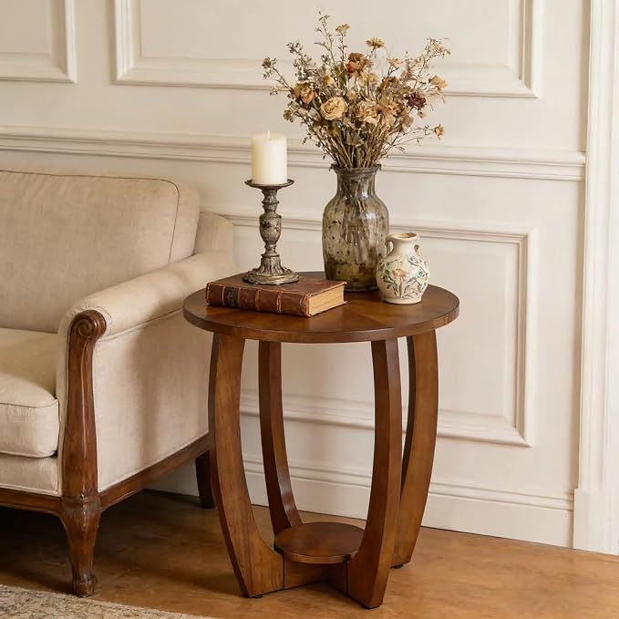 2 Set Wood Farmhouse End Table with Storage Shelf, 2-Tier Side Table with Curved Legs & Lower Removable Shelf, Accent Table for Living Room, Walnut Finish & Easy Assembly, Dark Brown