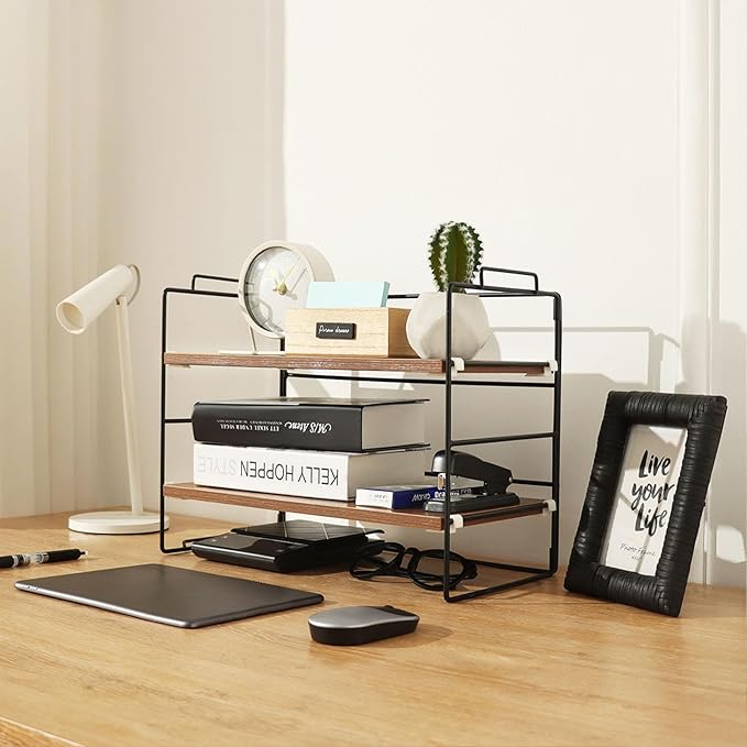 KATHY&BOB Wood Desk Shelf Organizer, 2-Tier Desktop Supplies Storage Rack, Adjustable Stackable Desk Shelf for Office, Kitchen, Bathroom, 15.75"*12.2"*7.87"