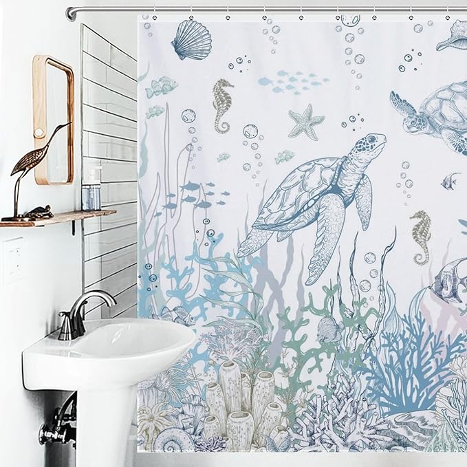 Nautical Coastal Shower Curtain,Summer Blue Sea Turtle Seashell Starfish Underwater Ocean Animal Themed Bathroom Decor Set with Hooks,72x72Inch