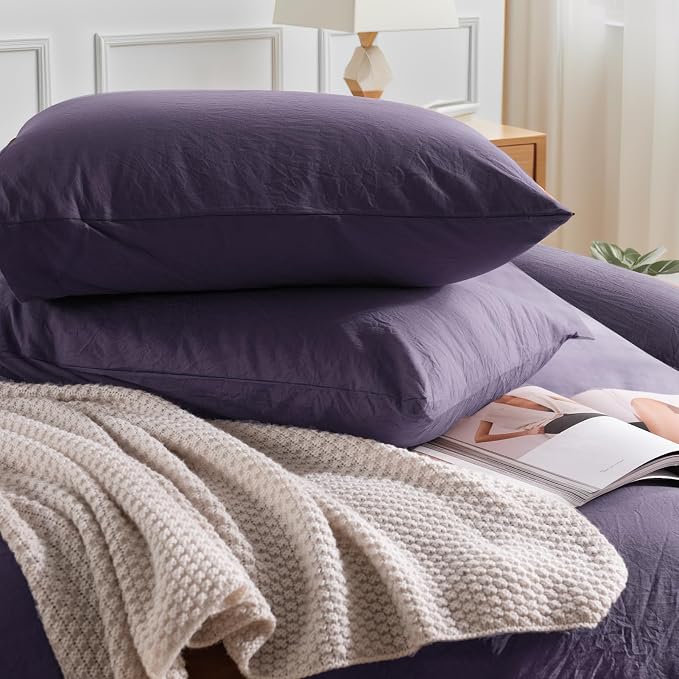 NEXHOME PRO 100% Washed Cotton Duvet Cover Twin Size, Ogranic Natural Linen Feel Breathable Bedding Set with Zipper Closure, 2 Pieces Duvet Cover Set Eggplant (No Comfortert) 6890