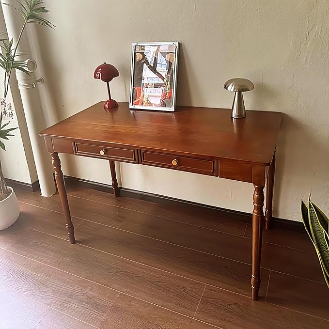 Solid Wood French Country Desk,Writing Desk with Storage Drawers,Farmhouse Computer Table Makeup Table Modern Simple Style,for Home Office Living Room Study Workspace Bedroom (Walnut, 47.2IN)
