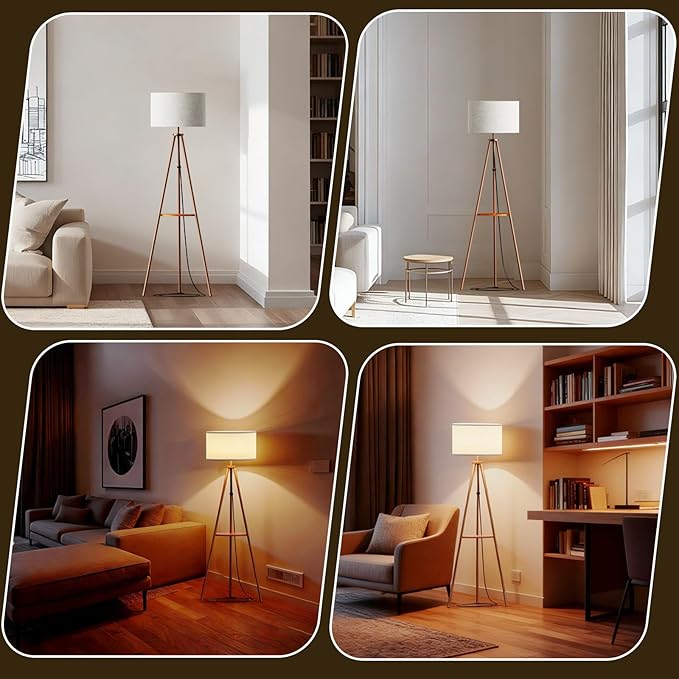 Tripod Floor Lamp with Shelves, RGBW Color Changing LED Bulb Included, Remote & App Control, Mid Century Modern Standing Light, E26 Base,Boho Copper Finish for Living Room, Bedroom, Office