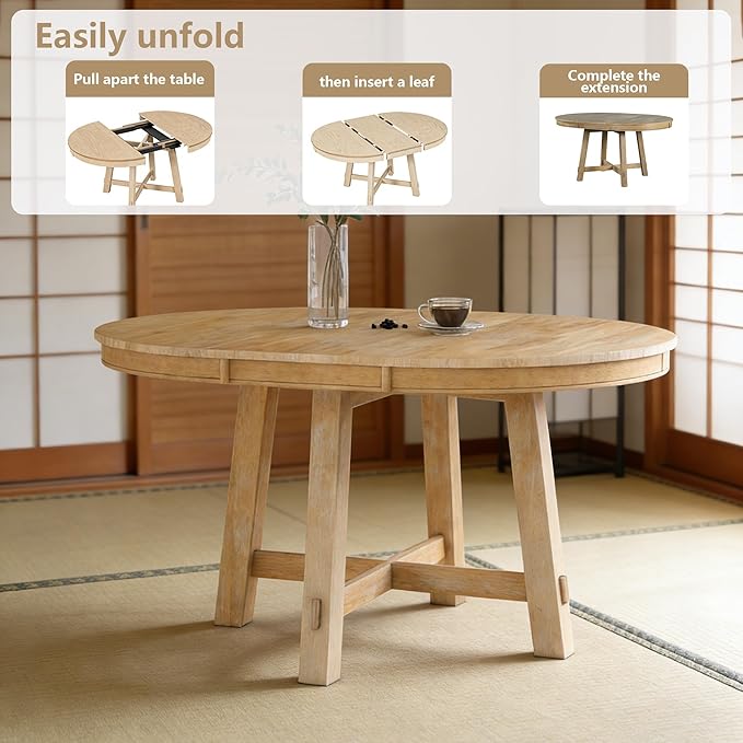 Bellemave 42"-58" Extendable Dining Table for 4-6, Solid Wood Oval Dining Kitchen Table with Removable Leaf, Farmhouse Circle Desk for Kitchen Living Room Space Saving (Natural Wood Wash)